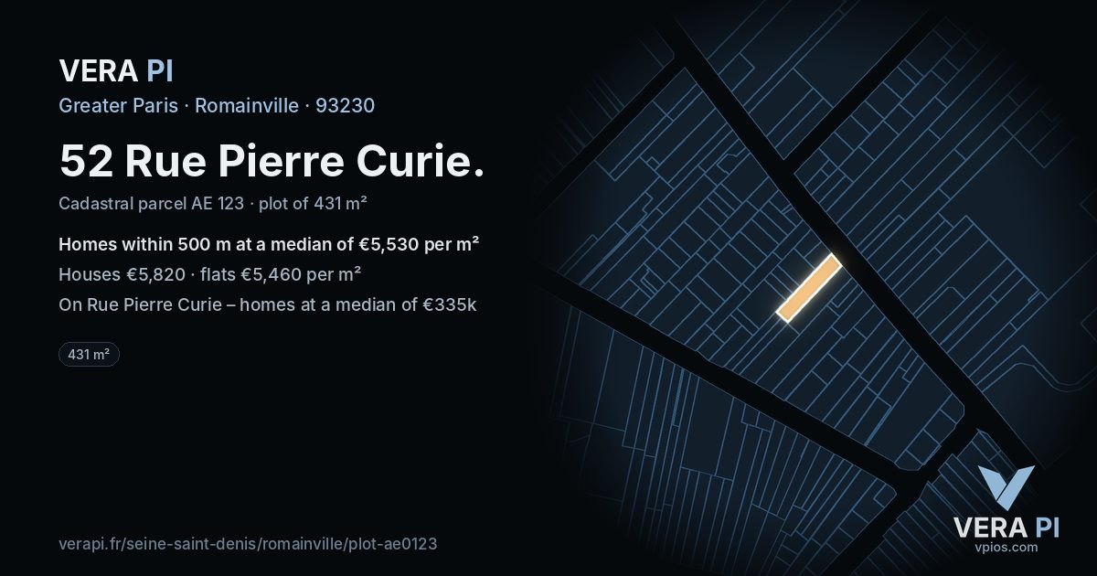 52 Rue Pierre Curie, Romainville at night – the plot lit, the parcels around coloured by the prices near them