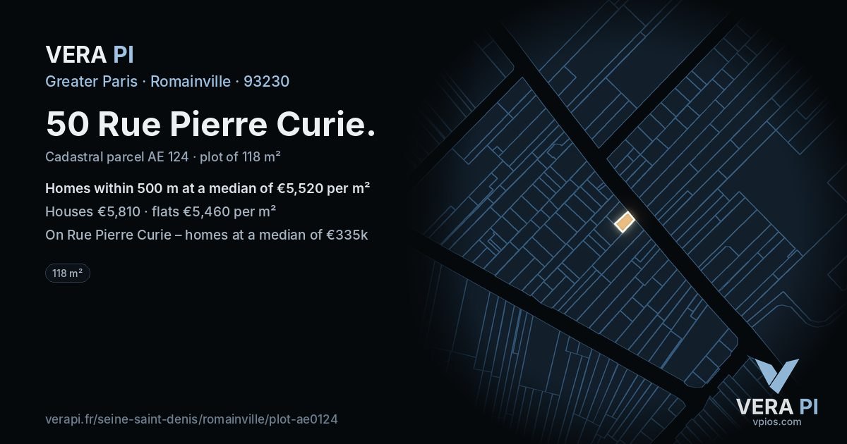 50 Rue Pierre Curie, Romainville at night – the plot lit, the parcels around coloured by the prices near them