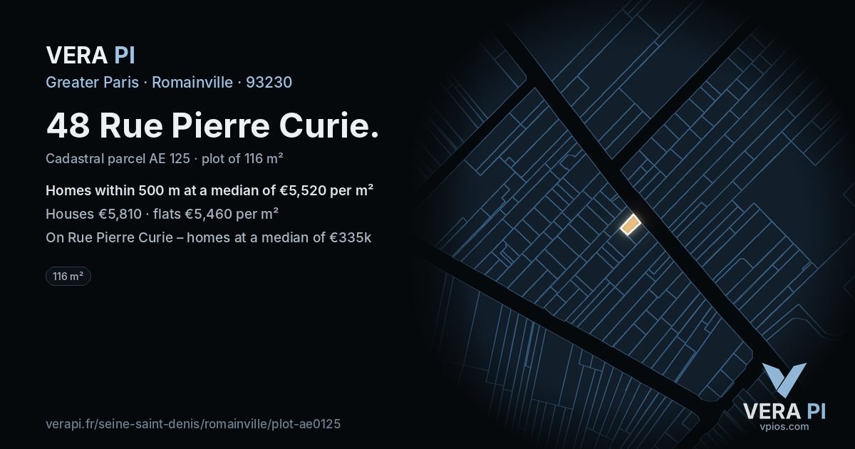 48 Rue Pierre Curie, Romainville at night – the plot lit, the parcels around coloured by the prices near them