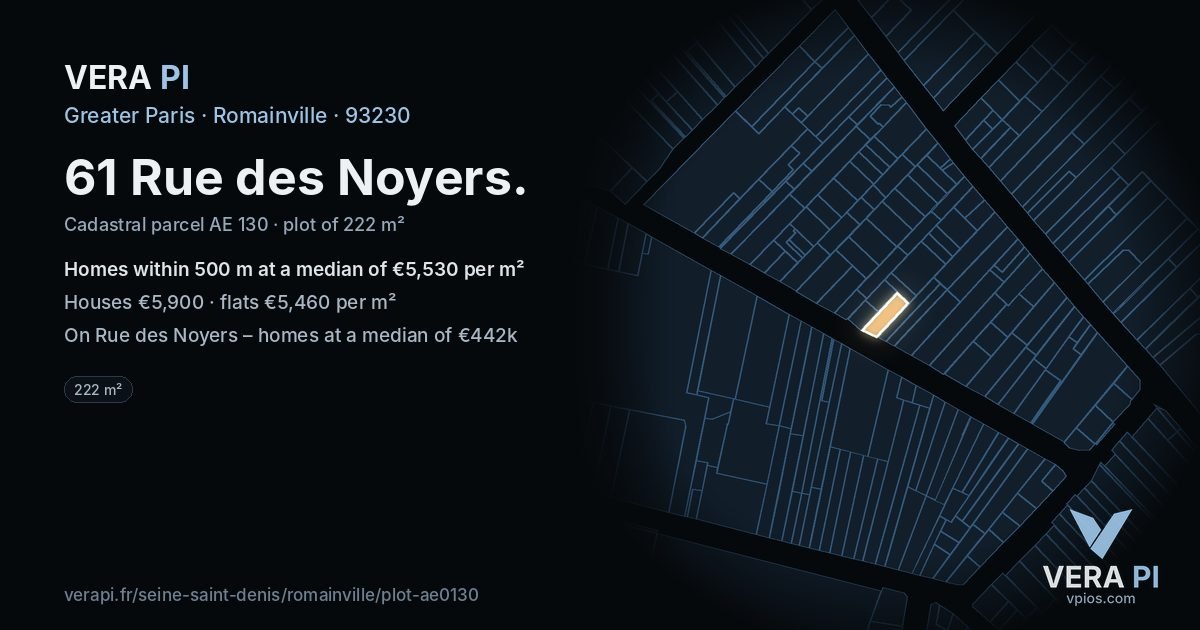61 Rue des Noyers, Romainville at night – the plot lit, the parcels around coloured by the prices near them