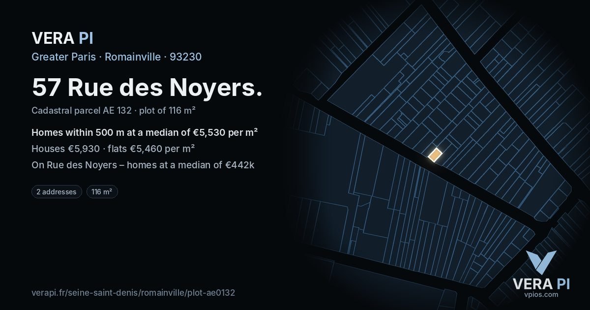 57 Rue des Noyers, Romainville at night – the plot lit, the parcels around coloured by the prices near them