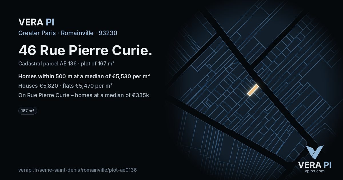 46 Rue Pierre Curie, Romainville at night – the plot lit, the parcels around coloured by the prices near them