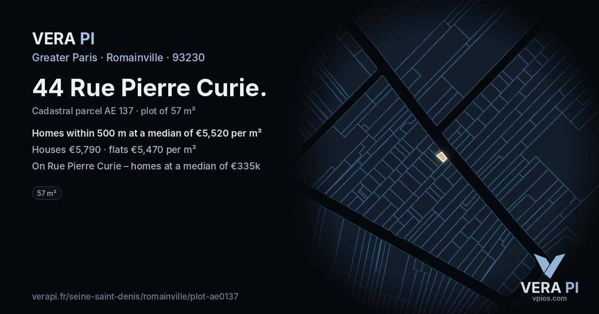 44 Rue Pierre Curie, Romainville at night – the plot lit, the parcels around coloured by the prices near them