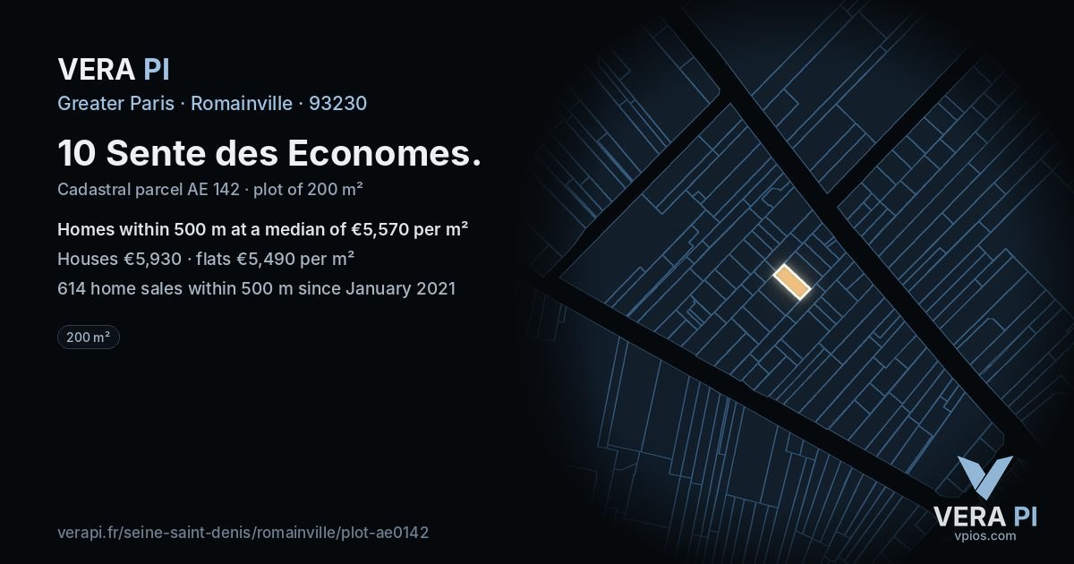 10 Sente des Economes, Romainville at night – the plot lit, the parcels around coloured by the prices near them
