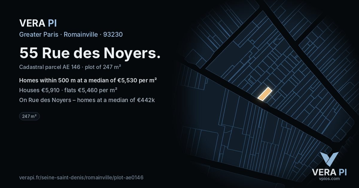 55 Rue des Noyers, Romainville at night – the plot lit, the parcels around coloured by the prices near them