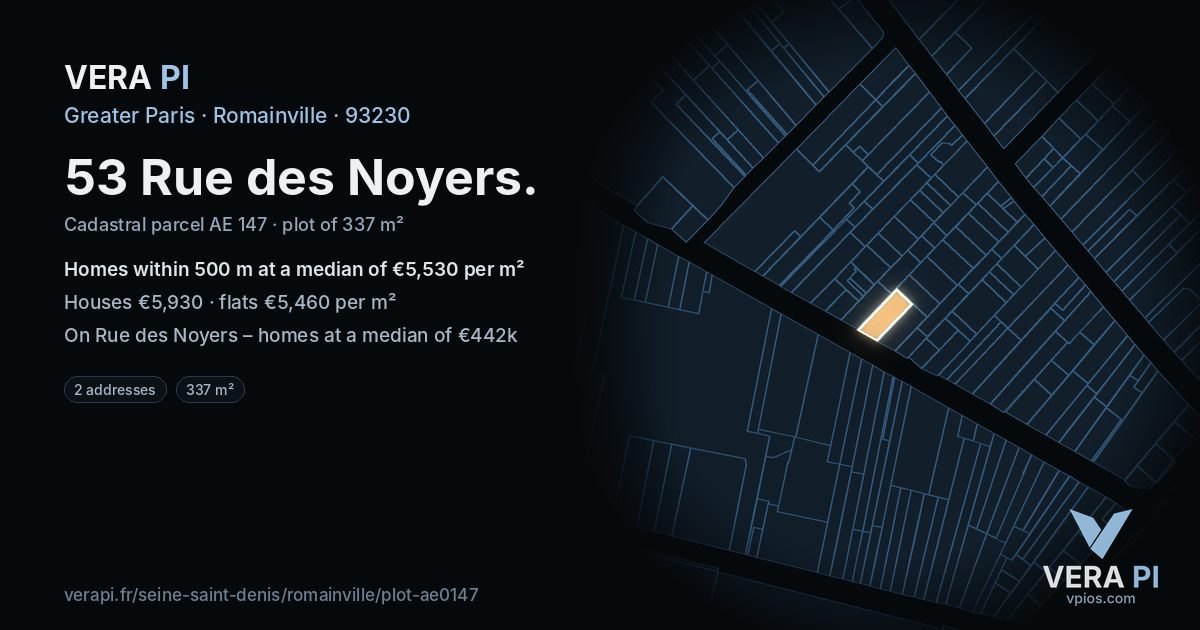 53 Rue des Noyers, Romainville at night – the plot lit, the parcels around coloured by the prices near them