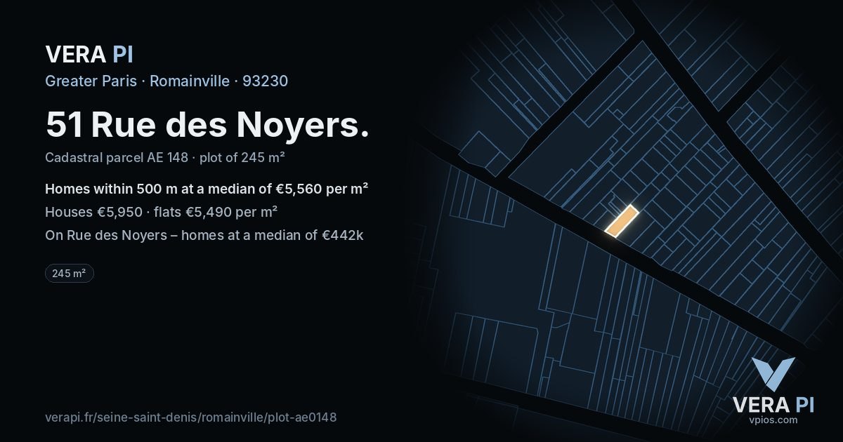 51 Rue des Noyers, Romainville at night – the plot lit, the parcels around coloured by the prices near them