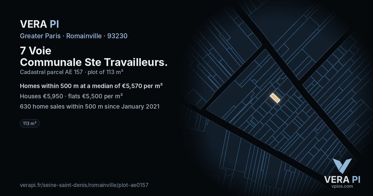 7 Voie Communale Ste Travailleurs, Romainville at night – the plot lit, the parcels around coloured by the prices near them