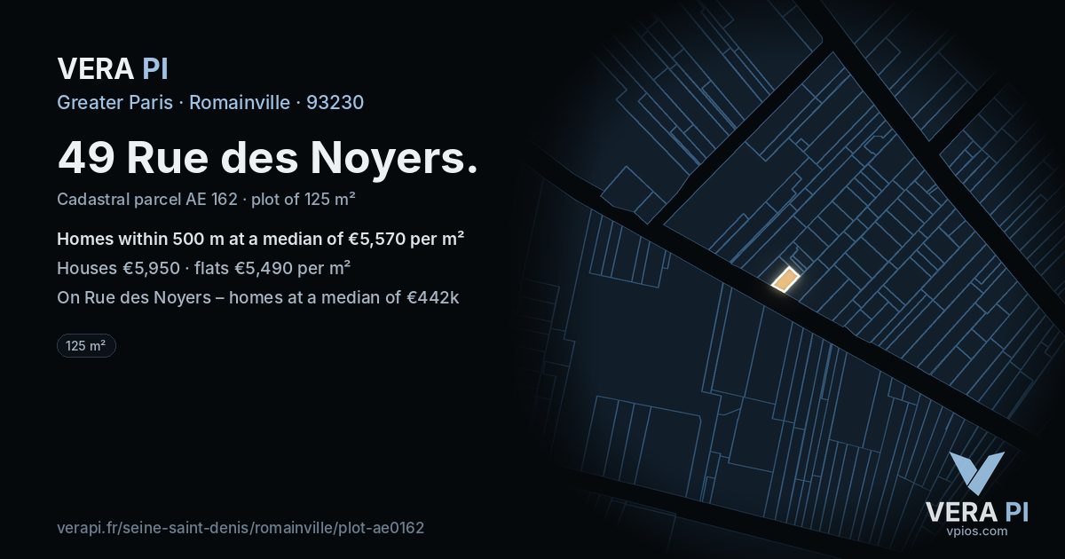 49 Rue des Noyers, Romainville at night – the plot lit, the parcels around coloured by the prices near them