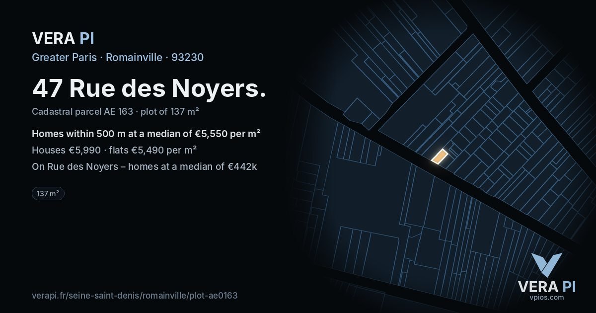 47 Rue des Noyers, Romainville at night – the plot lit, the parcels around coloured by the prices near them