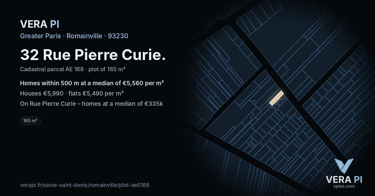 32 Rue Pierre Curie, Romainville at night – the plot lit, the parcels around coloured by the prices near them