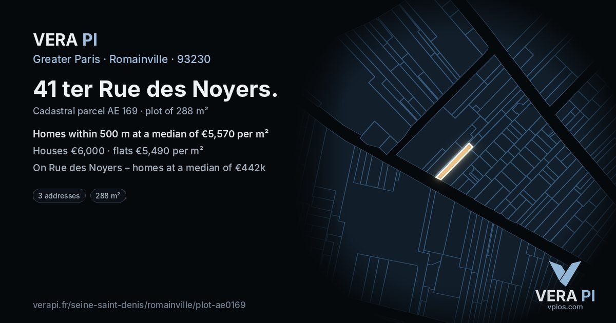 41 ter Rue des Noyers, Romainville at night – the plot lit, the parcels around coloured by the prices near them