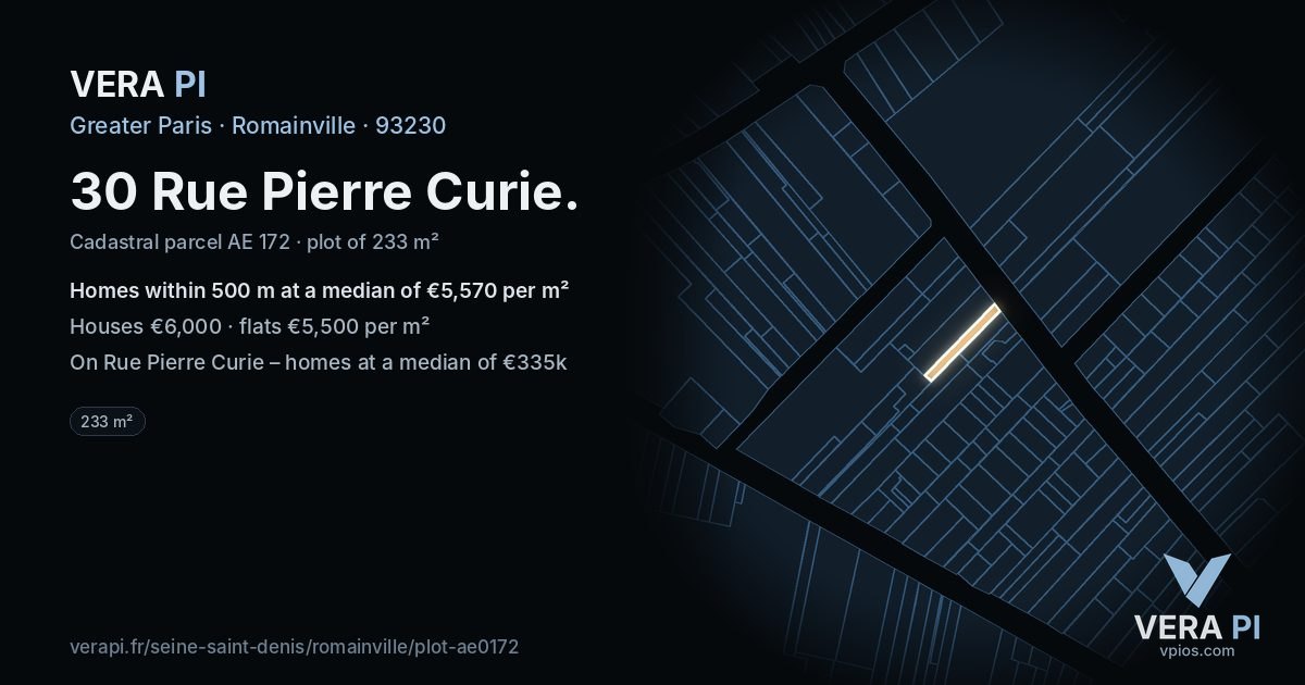 30 Rue Pierre Curie, Romainville at night – the plot lit, the parcels around coloured by the prices near them