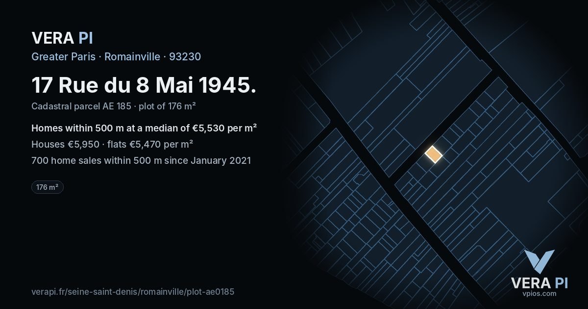 17 Rue du 8 Mai 1945, Romainville at night – the plot lit, the parcels around coloured by the prices near them
