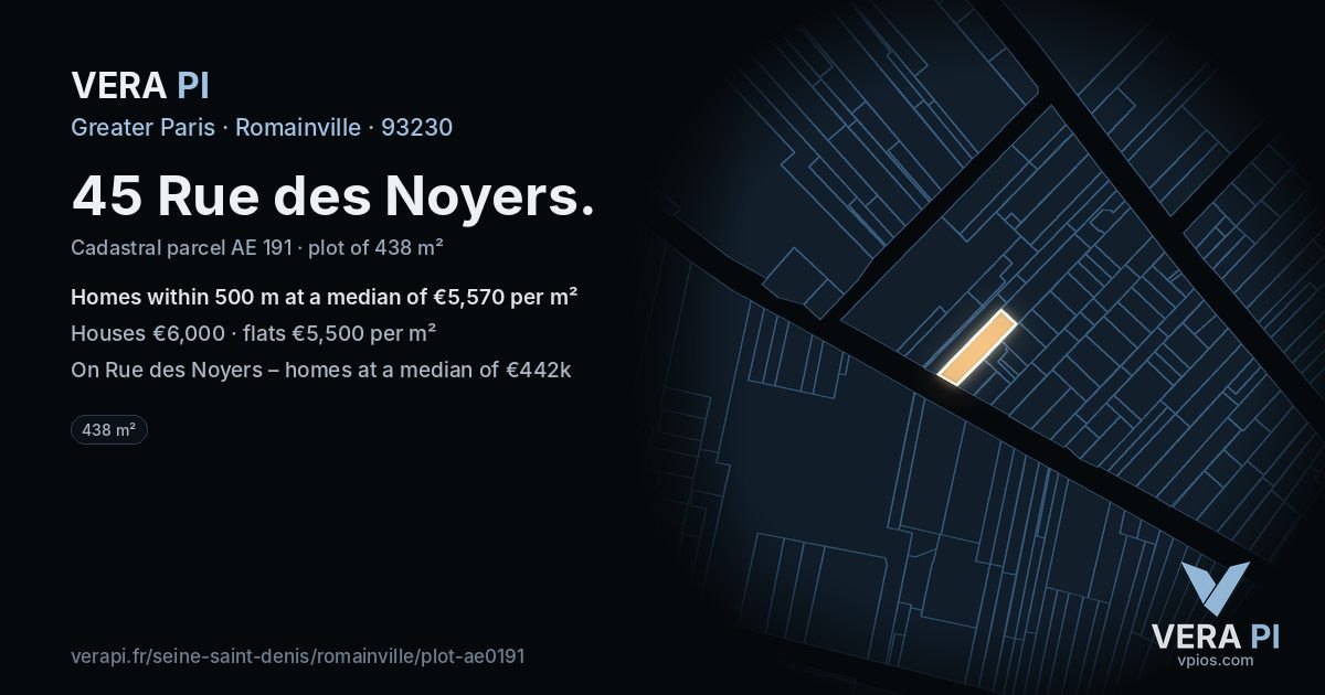 45 Rue des Noyers, Romainville at night – the plot lit, the parcels around coloured by the prices near them