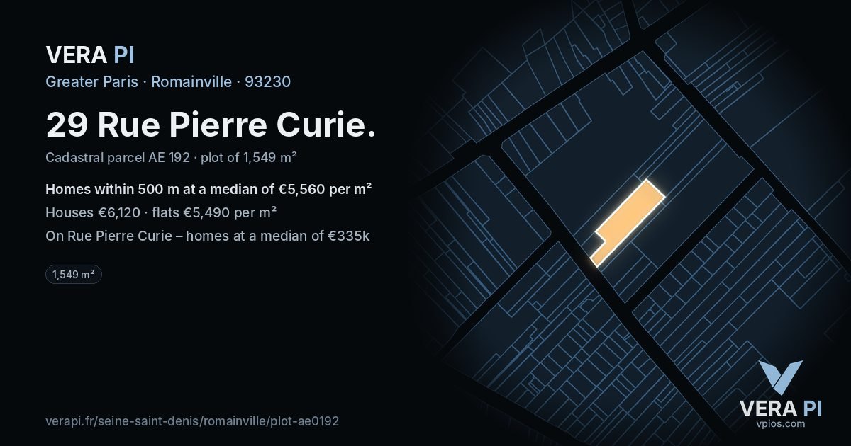 29 Rue Pierre Curie, Romainville at night – the plot lit, the parcels around coloured by the prices near them