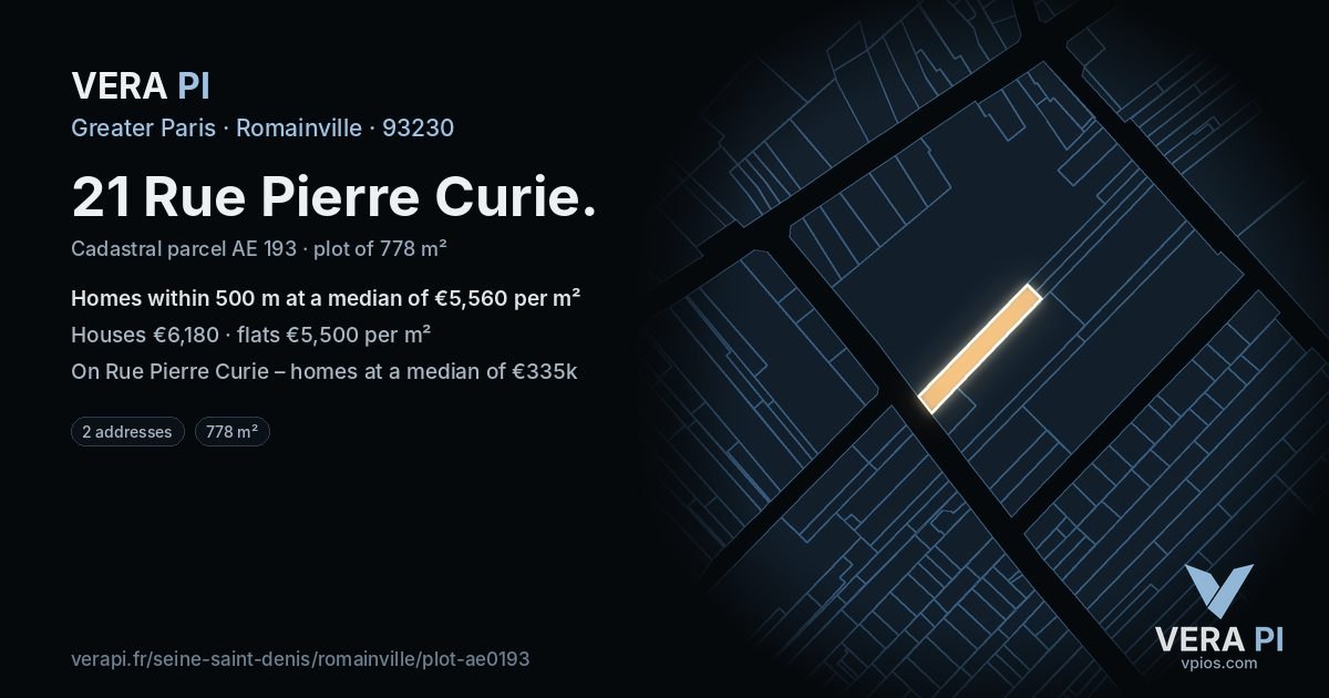 21 Rue Pierre Curie, Romainville at night – the plot lit, the parcels around coloured by the prices near them