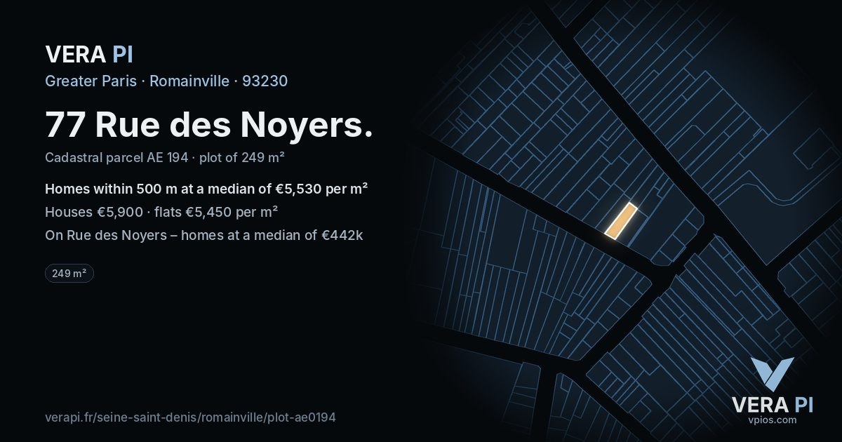 77 Rue des Noyers, Romainville at night – the plot lit, the parcels around coloured by the prices near them