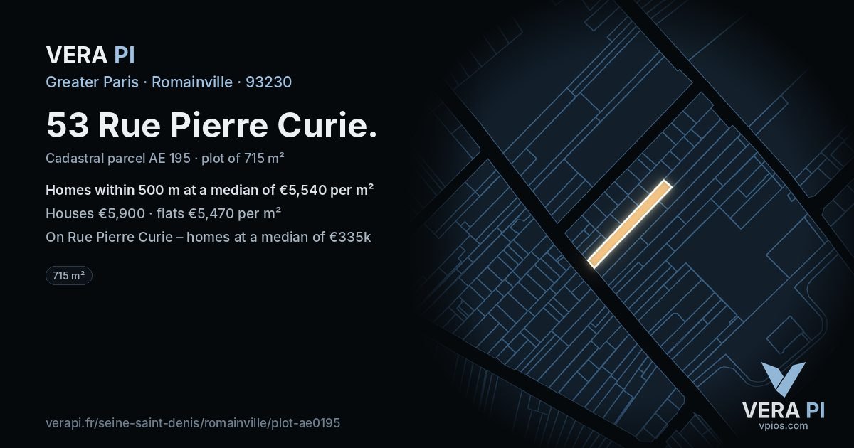 53 Rue Pierre Curie, Romainville at night – the plot lit, the parcels around coloured by the prices near them
