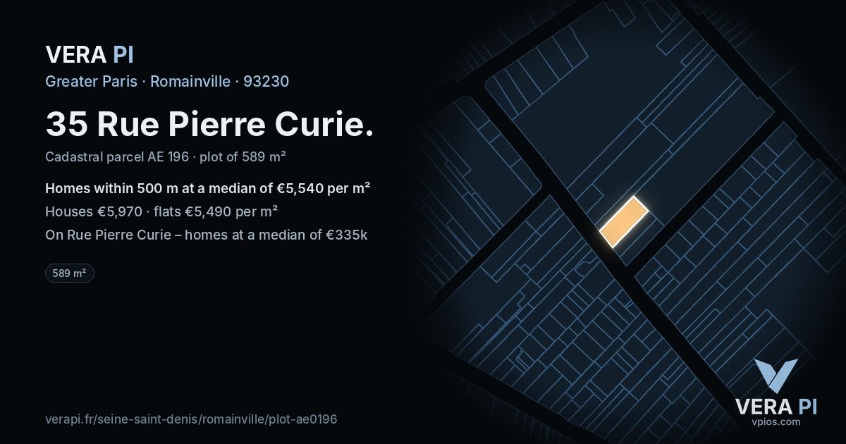 35 Rue Pierre Curie, Romainville at night – the plot lit, the parcels around coloured by the prices near them
