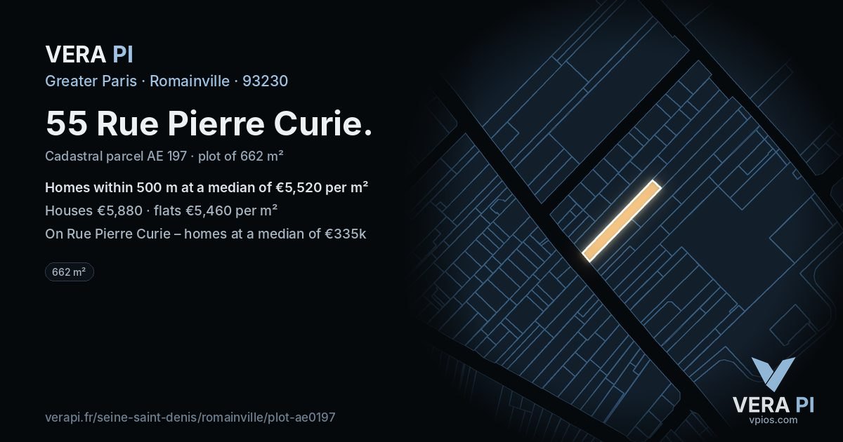 55 Rue Pierre Curie, Romainville at night – the plot lit, the parcels around coloured by the prices near them