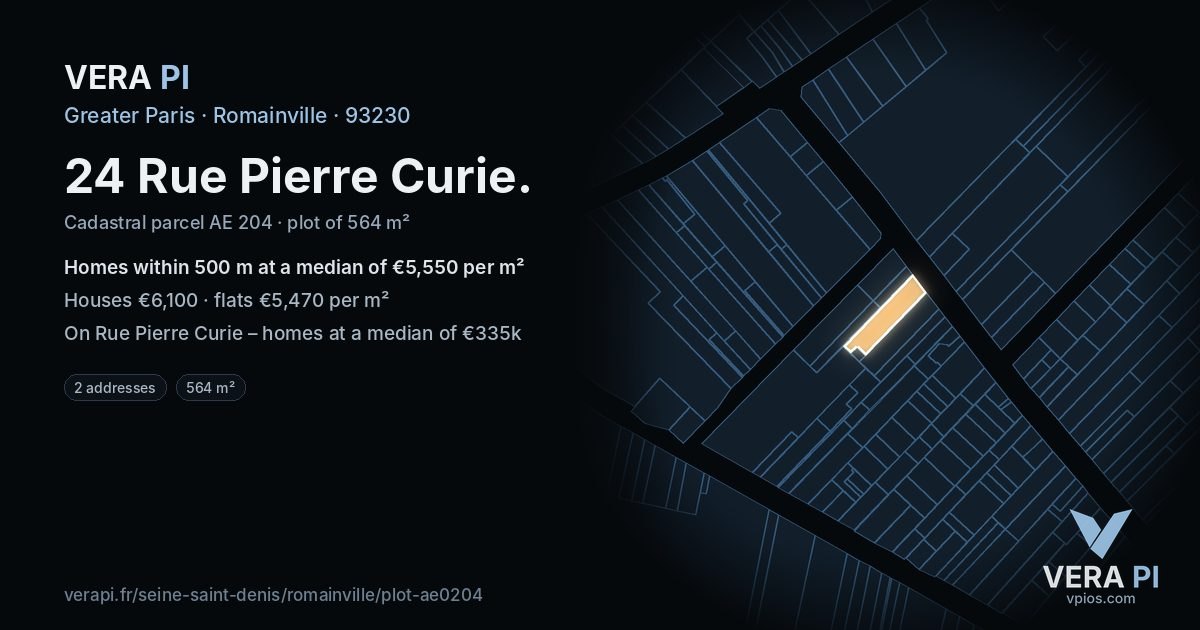 24 Rue Pierre Curie, Romainville at night – the plot lit, the parcels around coloured by the prices near them