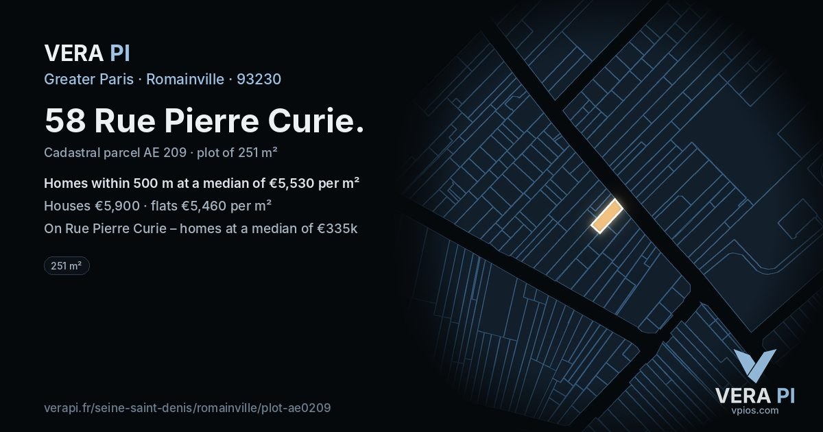 58 Rue Pierre Curie, Romainville at night – the plot lit, the parcels around coloured by the prices near them