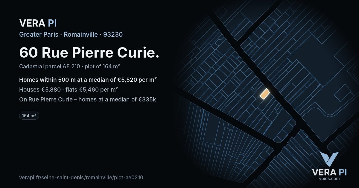 60 Rue Pierre Curie, Romainville at night – the plot lit, the parcels around coloured by the prices near them
