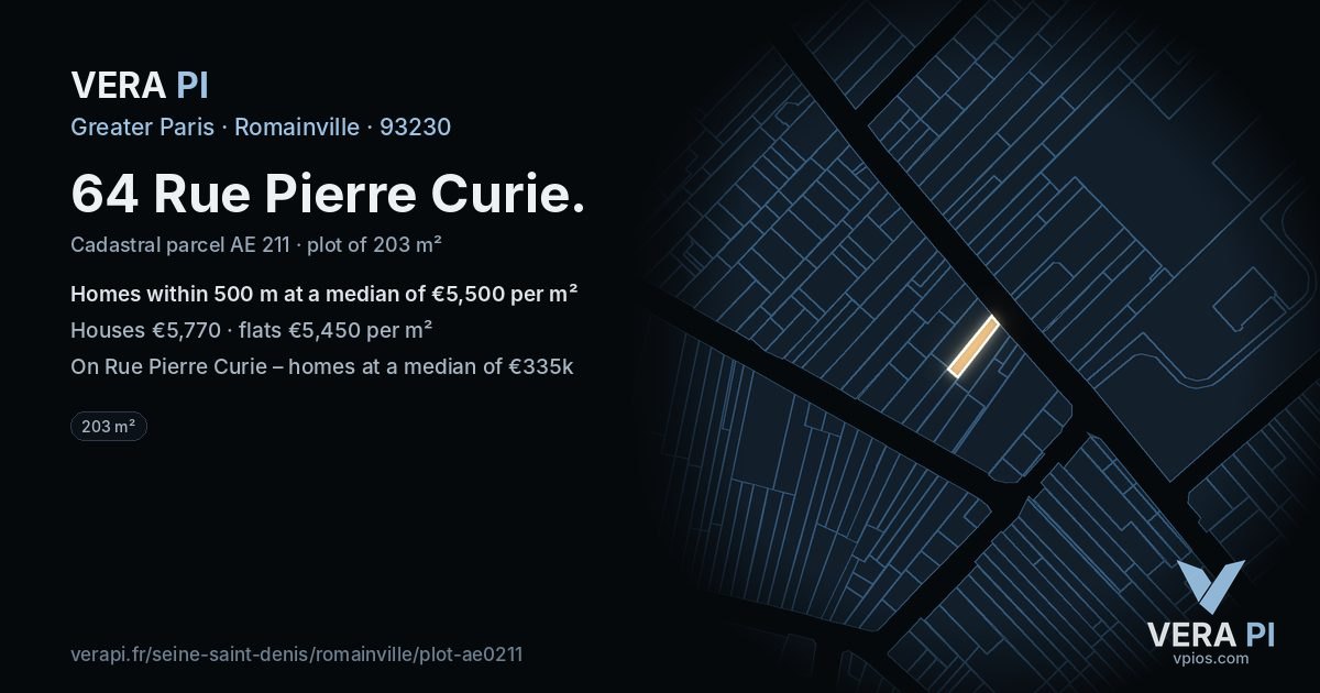 64 Rue Pierre Curie, Romainville at night – the plot lit, the parcels around coloured by the prices near them