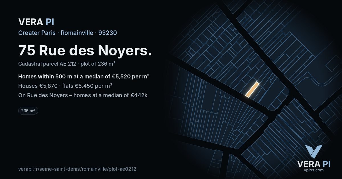 75 Rue des Noyers, Romainville at night – the plot lit, the parcels around coloured by the prices near them