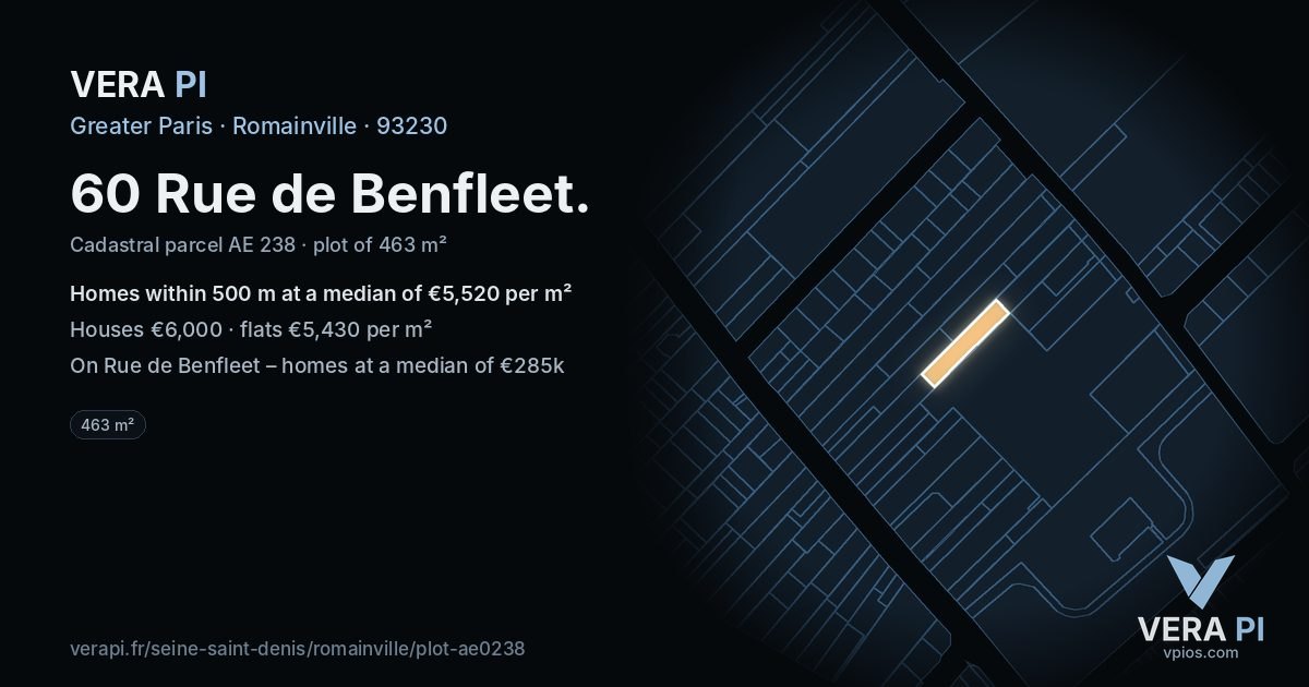 60 Rue de Benfleet, Romainville at night – the plot lit, the parcels around coloured by the prices near them