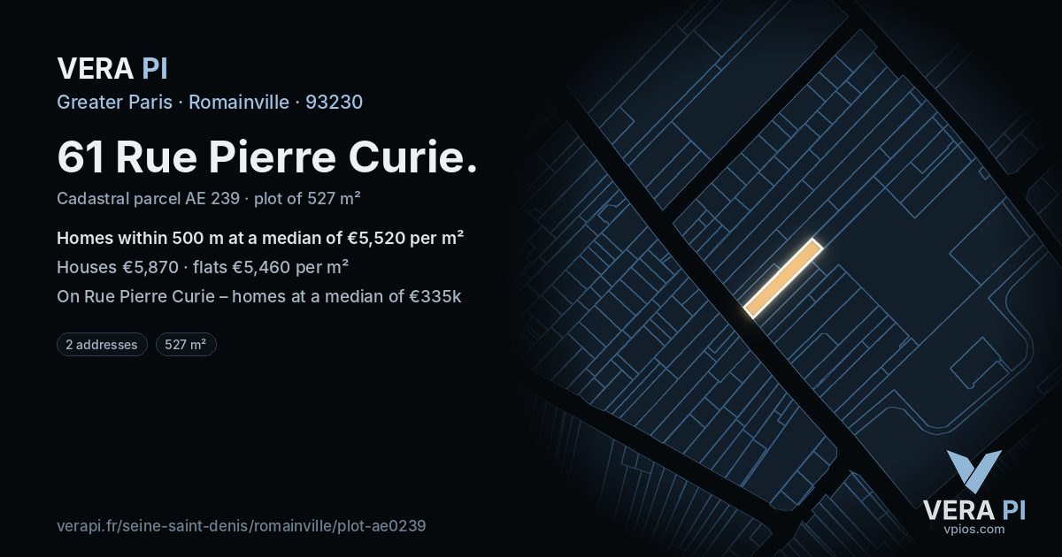61 Rue Pierre Curie, Romainville at night – the plot lit, the parcels around coloured by the prices near them