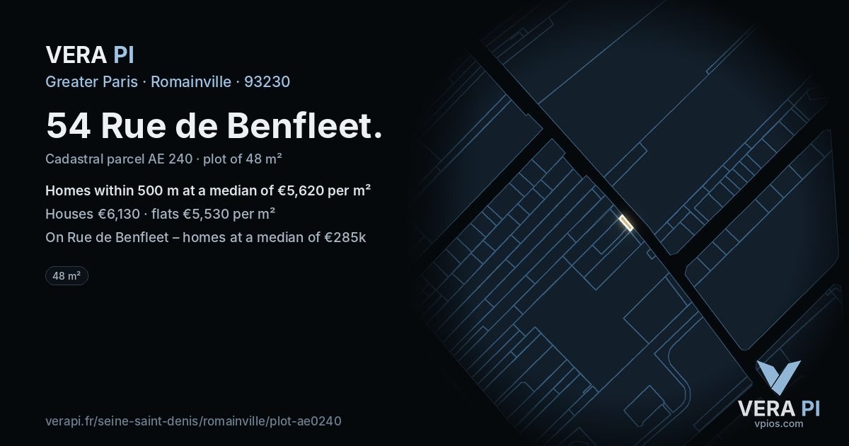 54 Rue de Benfleet, Romainville at night – the plot lit, the parcels around coloured by the prices near them