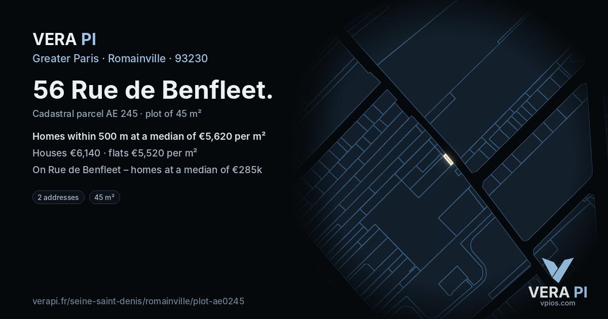56 Rue de Benfleet, Romainville at night – the plot lit, the parcels around coloured by the prices near them