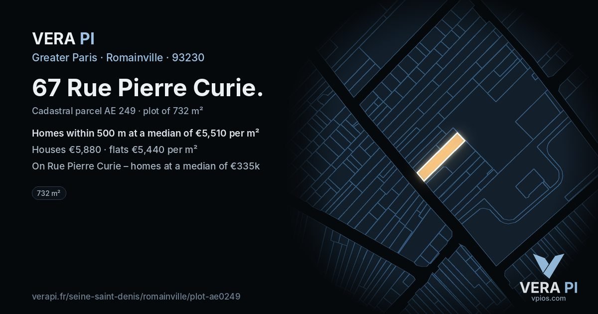 67 Rue Pierre Curie, Romainville at night – the plot lit, the parcels around coloured by the prices near them