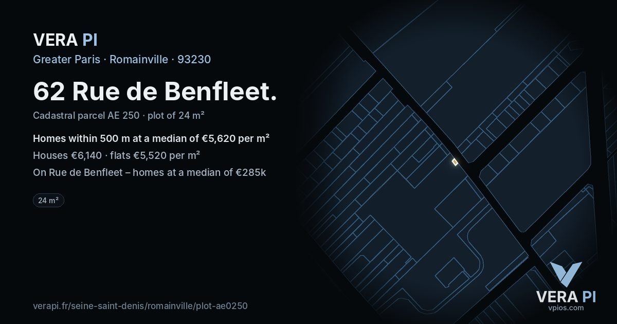 62 Rue de Benfleet, Romainville at night – the plot lit, the parcels around coloured by the prices near them