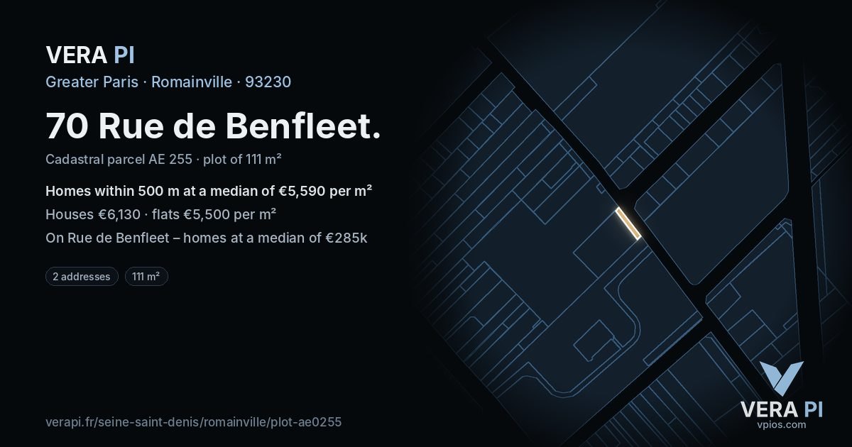 70 Rue de Benfleet, Romainville at night – the plot lit, the parcels around coloured by the prices near them