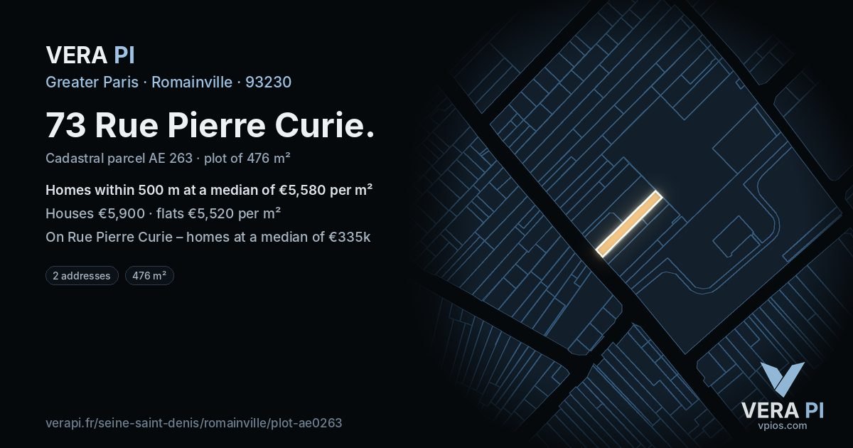 73 Rue Pierre Curie, Romainville at night – the plot lit, the parcels around coloured by the prices near them