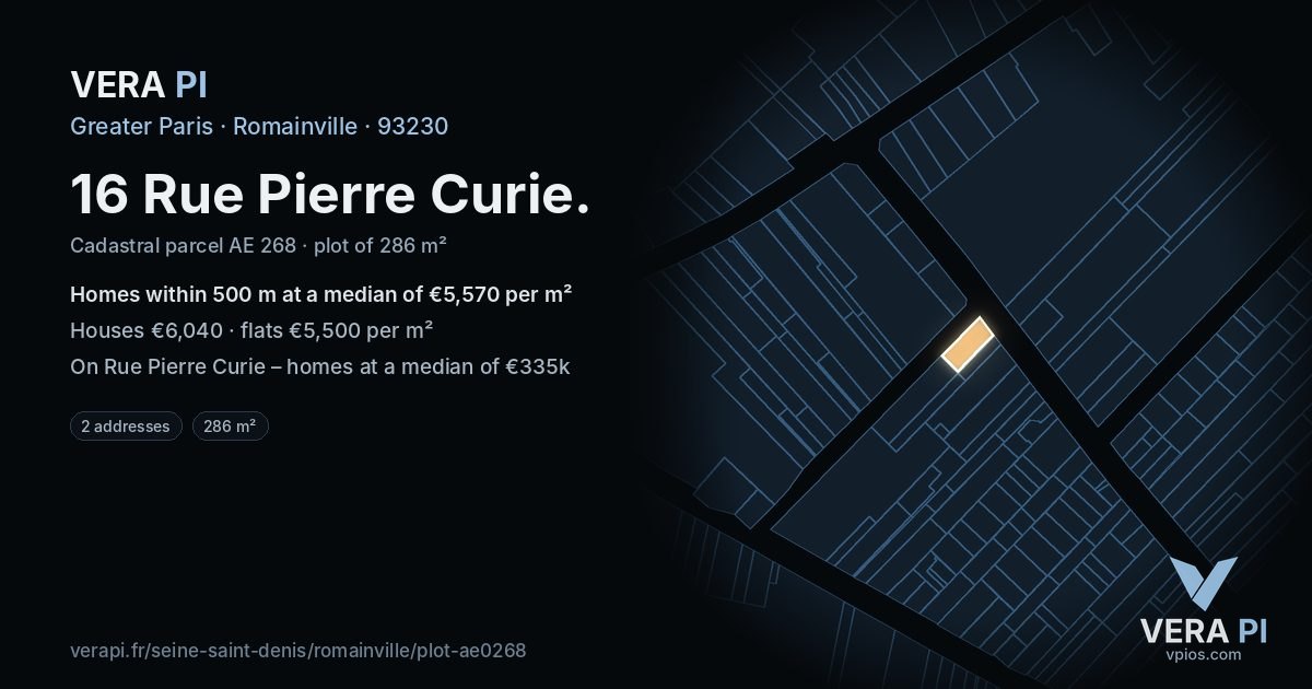 16 Rue Pierre Curie, Romainville at night – the plot lit, the parcels around coloured by the prices near them