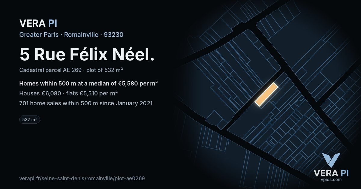 5 Rue Félix Néel, Romainville at night – the plot lit, the parcels around coloured by the prices near them
