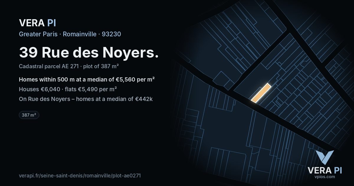 39 Rue des Noyers, Romainville at night – the plot lit, the parcels around coloured by the prices near them