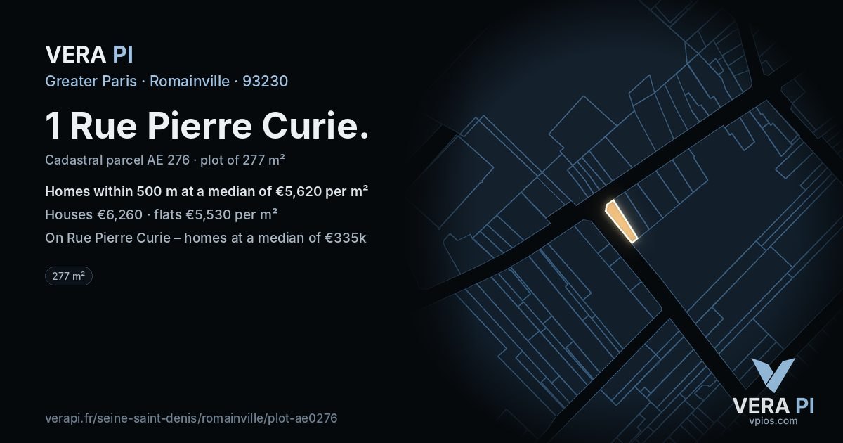1 Rue Pierre Curie, Romainville at night – the plot lit, the parcels around coloured by the prices near them