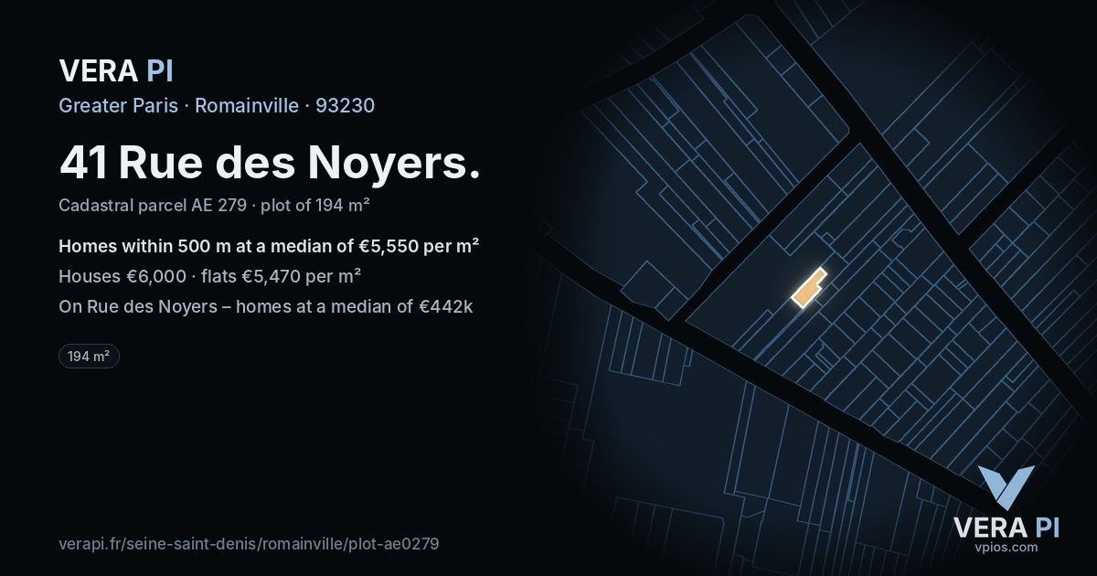 41 Rue des Noyers, Romainville at night – the plot lit, the parcels around coloured by the prices near them