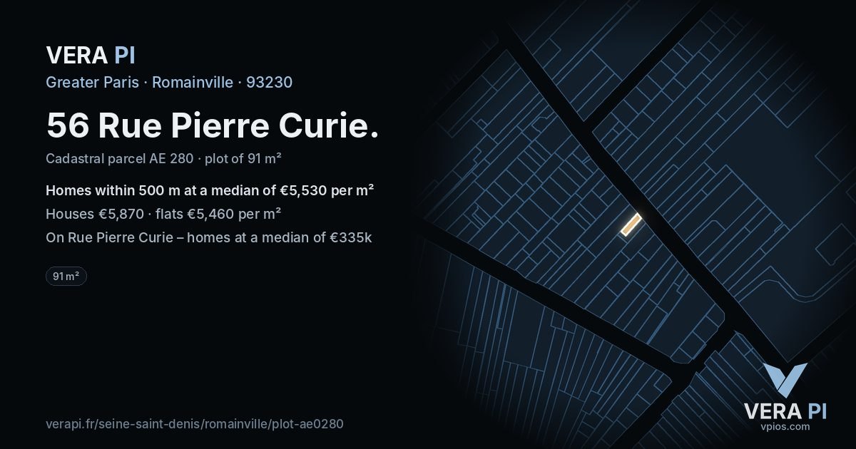 56 Rue Pierre Curie, Romainville at night – the plot lit, the parcels around coloured by the prices near them
