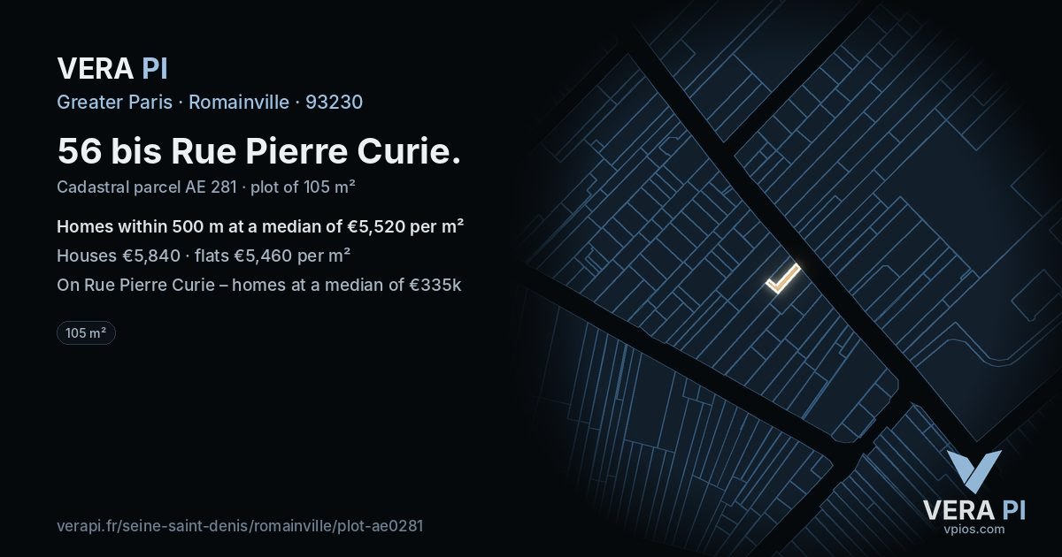 56 bis Rue Pierre Curie, Romainville at night – the plot lit, the parcels around coloured by the prices near them