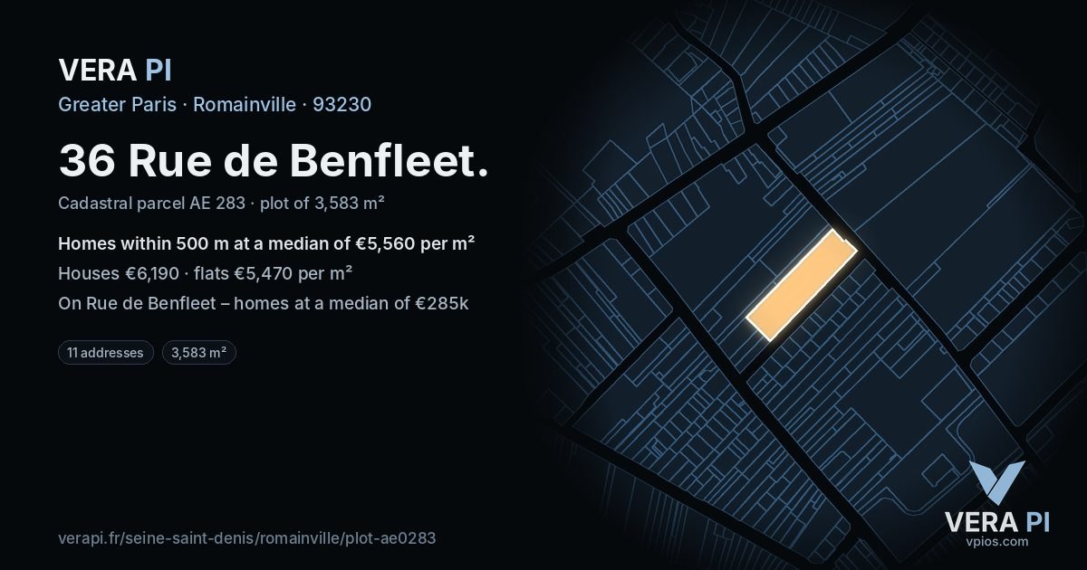 36 Rue de Benfleet, Romainville at night – the plot lit, the parcels around coloured by the prices near them