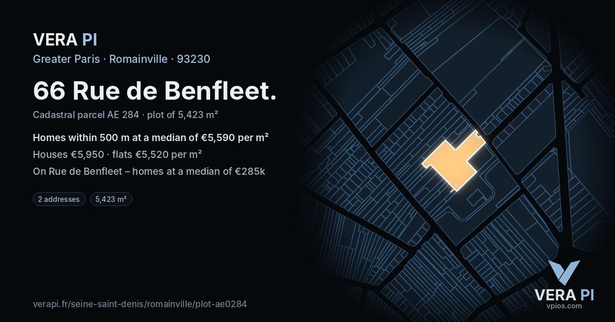 66 Rue de Benfleet, Romainville at night – the plot lit, the parcels around coloured by the prices near them