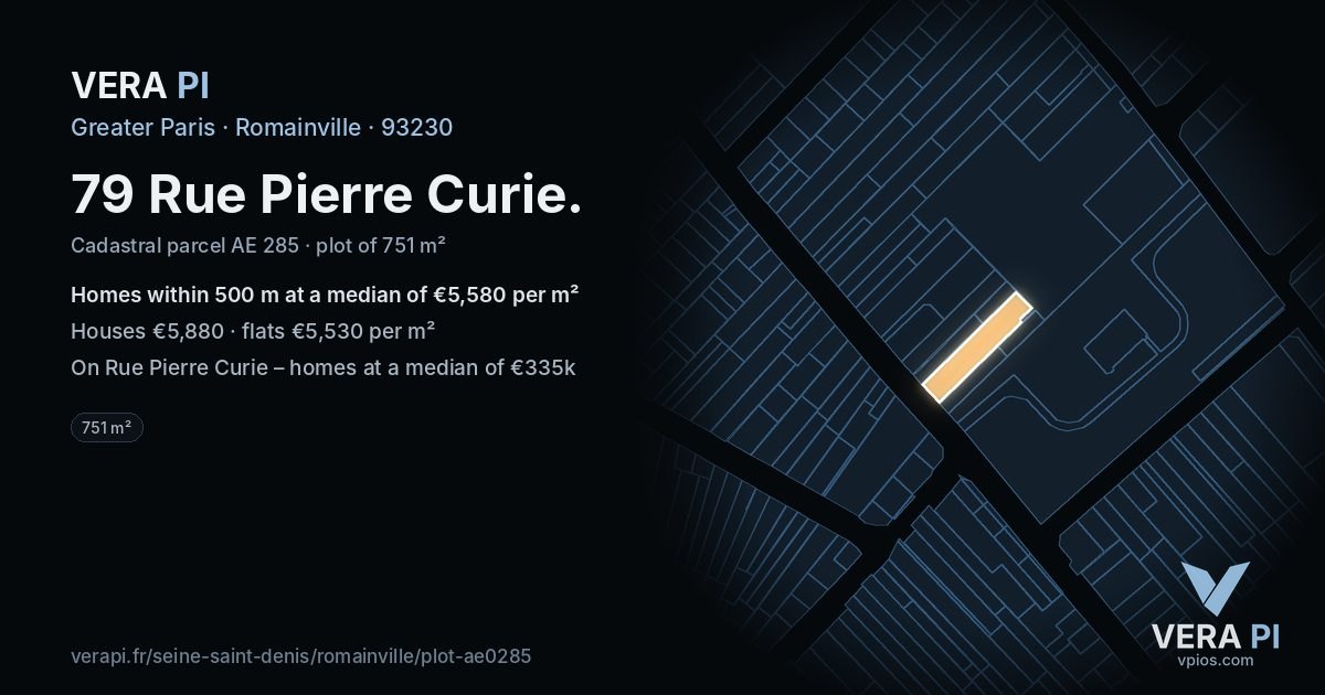 79 Rue Pierre Curie, Romainville at night – the plot lit, the parcels around coloured by the prices near them