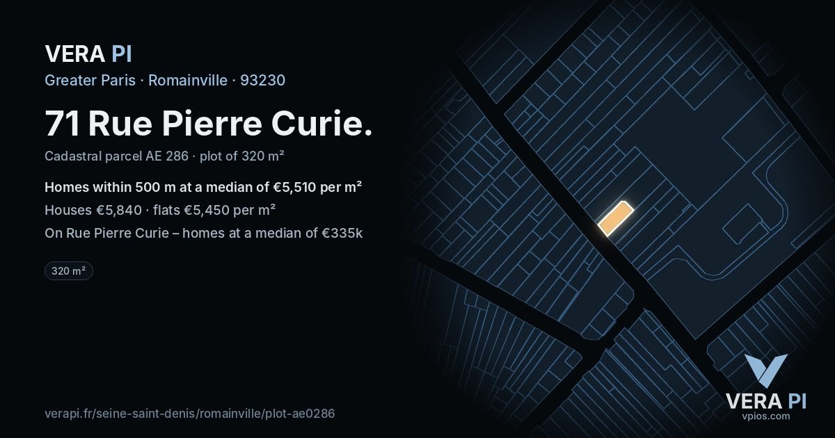 71 Rue Pierre Curie, Romainville at night – the plot lit, the parcels around coloured by the prices near them