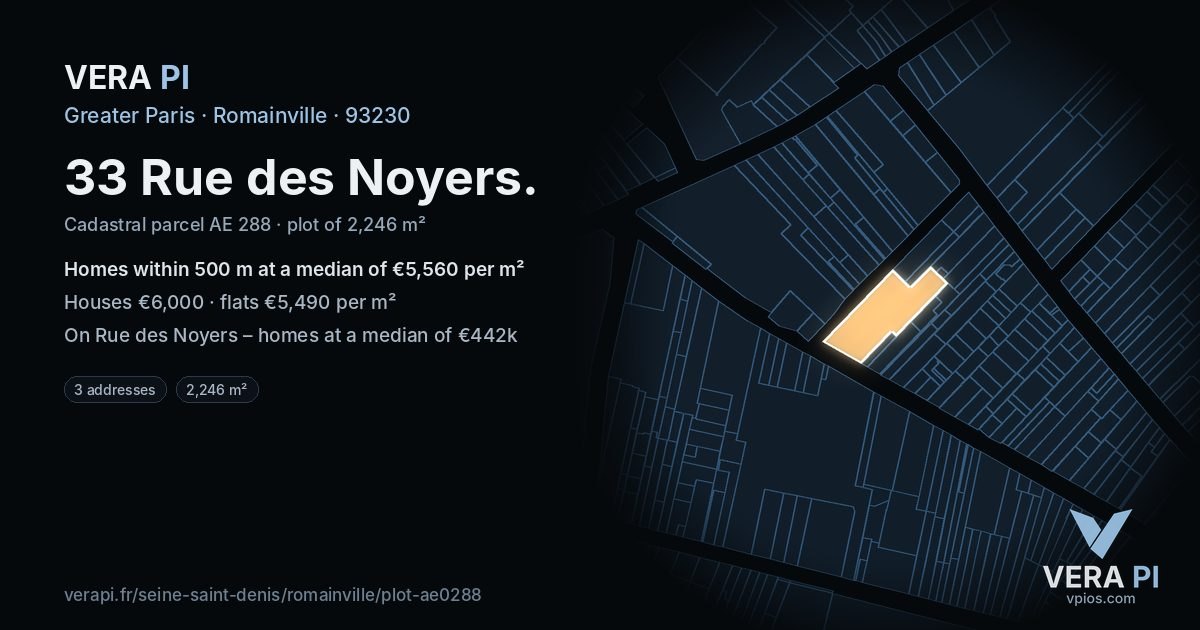 33 Rue des Noyers, Romainville at night – the plot lit, the parcels around coloured by the prices near them